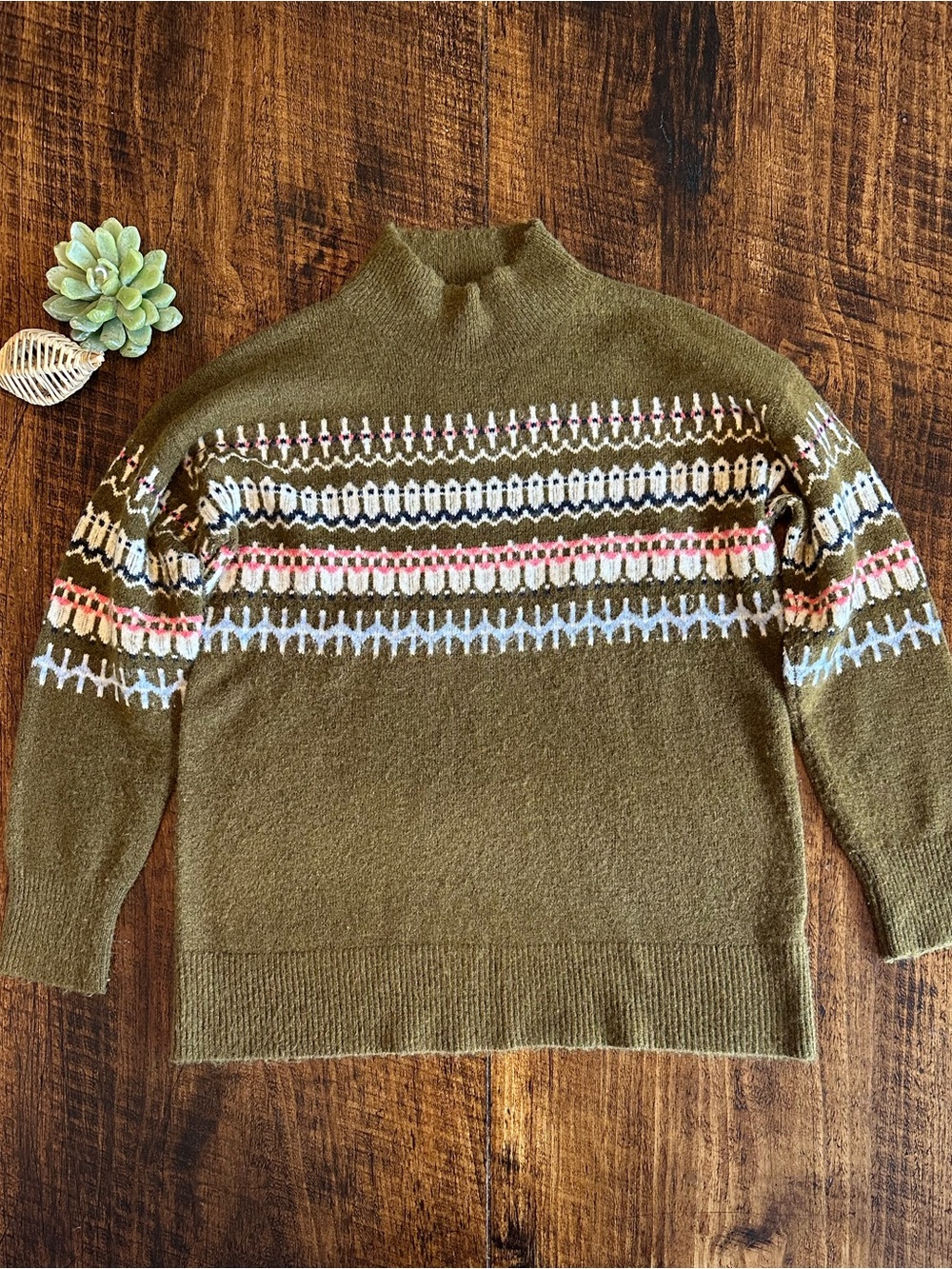 FatFace | Olive Green Cabibcore Fair Isle Mock Neck Sweater, Size 6